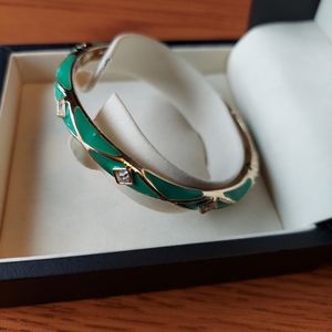 Vintage Mint Green Enamel Cuff Hinged Bracelet w/ Rhinestones.